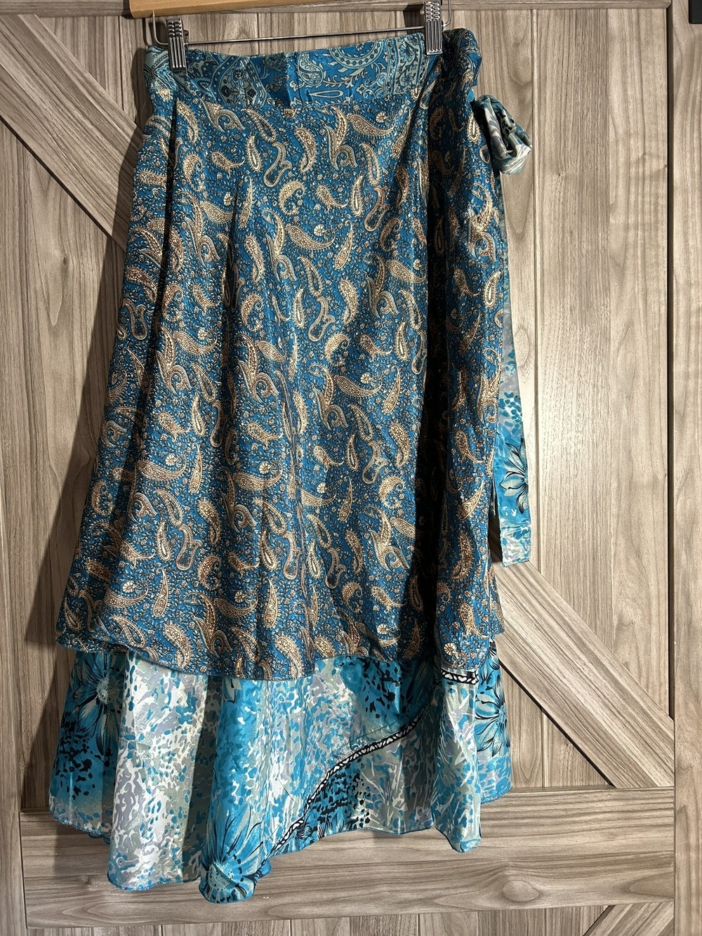 Vintage Sari Silk Magic Wrap Skirt Boho Teal Paisley Reversible Midi OSFM